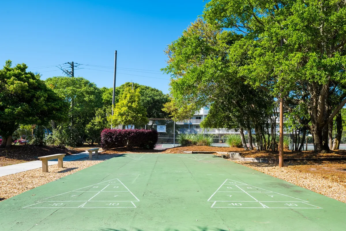 A well-maintained shuffleboard court set amidst lush greenery with benches for spectators or players to relax. The scene is sunlit and playful, embodying the spirit of outdoor family recreation.