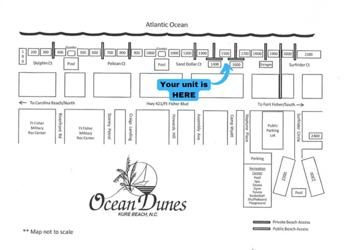 A wide exterior shot showcases the condo complex with private access to the sandy beach. You can see the Atlantic Ocean stretching into the horizon, with pathways leading directly onto the shore. The relaxed, family-friendly atmosphere is highlighted by people walking, building sandcastles, and enjoying the surf.