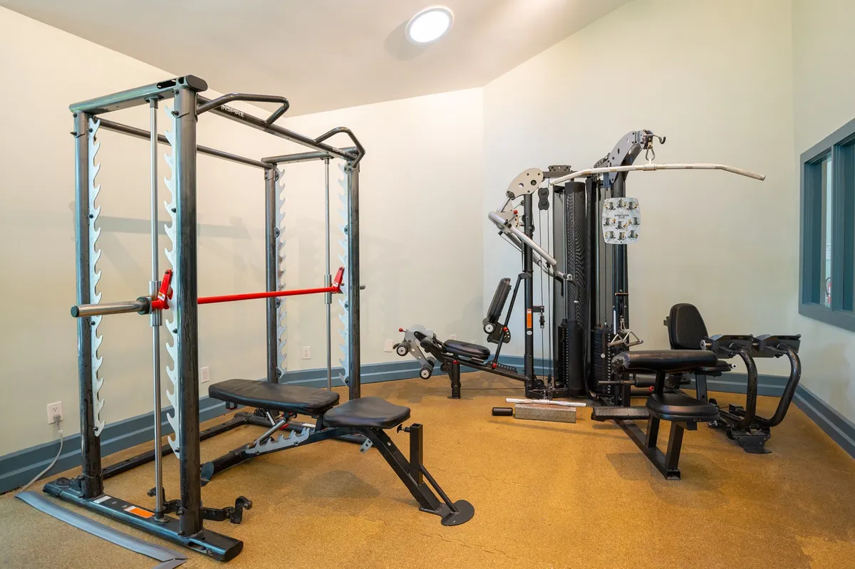 A bright, modern fitness center equipped with a weight rack, multi-station gym equipment, and exercise mats. The space is clean, energetic, and designed for a variety of wellness activities, from strength training to group classes.